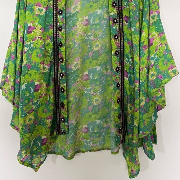 Artisan de Luxe Embroidered Kimono Top Boho Open Front Cardigan Green Floral XS - Picture 5 of 10